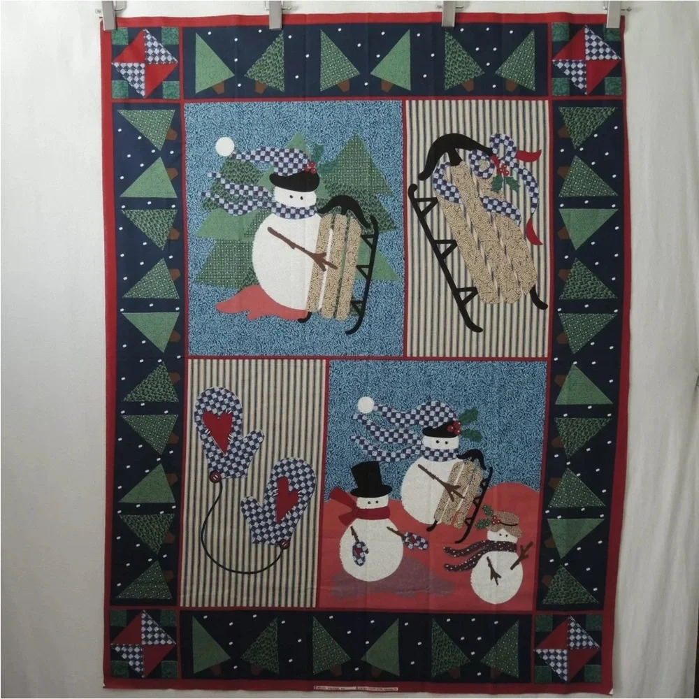 Festive Snowman Holiday Vtg Fabric Quilt wall hanging banner Flag Decor 34